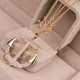 2pcs/lot Fashion Crystal Anchor Pendant Necklace White Navy Style Anchor Rudder Personality Long Necklace Jewellery for women