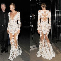 Sexy See Through Lace Appliques Mermaid Evening Dresses Deep V Neck Long Sleeves White Celebrity Dresses Zuhair Murad Dress Prom Party Gowns