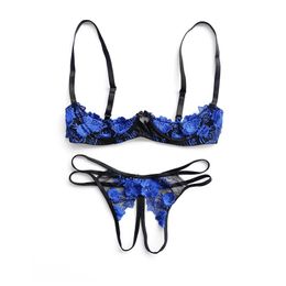 Girls Lingerie Set Open Chest Crotchless Thong Underwear Set Woman Sexy Embroidery Push Up Cupless Lace Bra Brief Sets G-String Y18102206