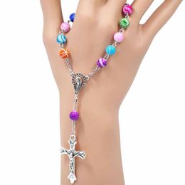 8MM Colorful Acrylic Beads Catholic Rosary Bracelet Women Religious Jesus cross Crucifix Bracelet hip hop jewelry drop ship