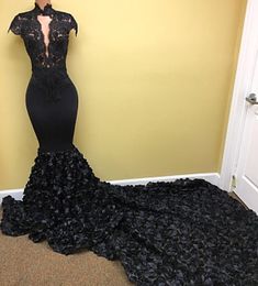 2018 Elegant Black High Neck Mermaid Prom Dresses Deep V-Neck Rose Flowers Evening Gowns Plus Size Custom Made Vestidos De Festa BA2737