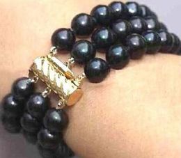 3 ROW 7.5-8 INCH 8-9MM TAHITIAN BLACK PEARL BRACELET 14K GOLD