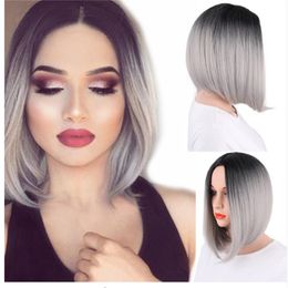Hair Wig Synthetic Wigs Ombre Grey Hair Bob Style Short Wigs For Women Black And Pink Hairs
