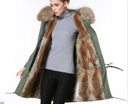 brown fur trim Meifeng brand women winter snow coats Khaki rabbit fur lined army green canvas long parka with ykk zipper