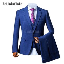 Balo Düğün Örgün Giyim Erkek Kafes Mavi Ekose Takım Elbise Moda Elbise Suits Blazer Ceketler Pantolon Yelek 3 Parça 2018