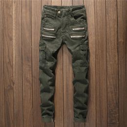 Men's Jeans Men Multi Zippers Denim Straight Slim Male Pants Fashion Full Length Casual Punk Style Ripped Army Green