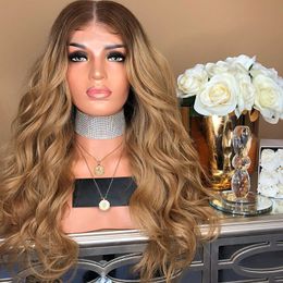 Long lace front synthetic wigs blonde ombre wig dark root body wave wigs Brazilian Hair synthetic lace front wig heat resistant