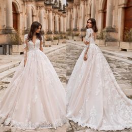 Naviblue Dolly Long Sleeves Wedding Dresses Sheer V Neck Lace Appliqued Bridal Gowns Plus Size Tulle Wedding Dress