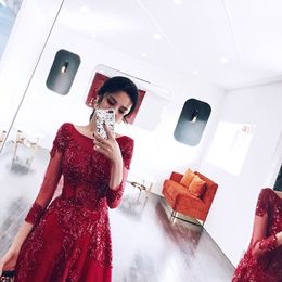 Sexy Prom Dresses Dark Red three quarter Sleeves Lace-up Back Sweep train pleats Tulle with Applique Shining Sequins Evening Dresses