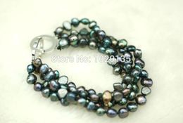 4rows freshwater pearl black baroque 6-7mm bracelet 7.5inch wholesale beads nature