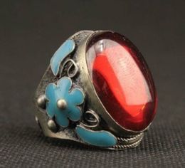 Vintage oriental handwork tibet-silver inlay zircon Cloisonne Flower Adjust Ring