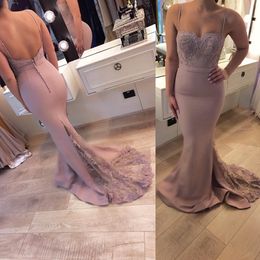 Spaghetti New Design Straps Mermaid Beaded Crystals Satin Sweep Train Formal Evening Party Wear Prom Dresses Cheap Custom