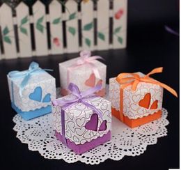 Love Heart Purple Pink Small Laser Cut Bag Wedding Party Favour Gift Boxes Ribbon Casamento Event Decorations