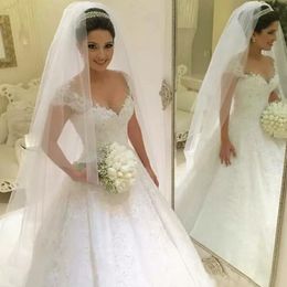 2019 Princess Wedding Dresses Sparkly Crystals Lace Appliques Tulle Bridal Gowns Sheer Neck Custom Made High Quality Bridal Gowns