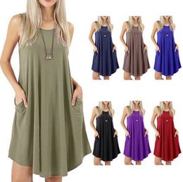 Hot sale women's fashion sleeveless pocket casual tank plus size solid vest swing dress 7 Colours