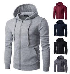 Wholesale-Men's new hot hooded pure color large zipper pockets fleece hoodies fashion leisure coat clothes overalls Black red blue gray