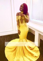 Yellow Black Girls Lace Mermaid Prom Dresses Off Shoulder Applique Long Sleeves Pleats Long Sweep Train Dresses Evening Wear Party Gowns