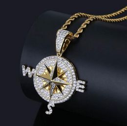 Iced Out Bling Personality Compass Pendant Mens Micro Pave Cubic Zirconia Simulated Diamonds with 24inch Rope chain gifts box