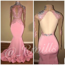 2022 Modest High Neck Long Sleeves Prom Dresses Mermaid Applique Sequins Sexy Open Back Evening Party Gowns Robe de soriee Custom Made