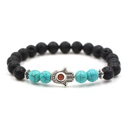 Lava Stone Bracelet Hand of Fatima Hamsa Hand Bracelet of Mala Black Evil Eye Amulet Bead Bracelet