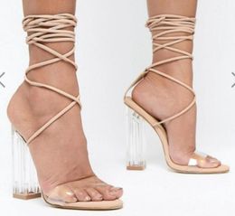 2018 fashion women party shoes PVC sandals wedding shoes lace up sandals crystal heel open toe gladiator sandals clear heel