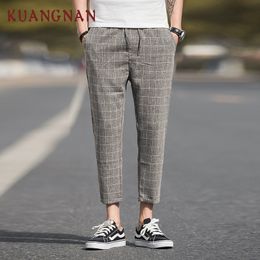 KUANGNAN Casual Plaid Pants Men Streetwear Ankle-Length Linen Pants Men Joggers 5XL Linen Clothing 2018 Autumn New