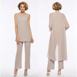 Mother of the Bride Dresses Pant Suit 3 Piece Chiffon For Beach Wedding Dresses Mother's Dresses Long Sleeves Cheap Mothers Formal Gowns