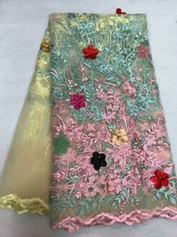 -TS1001 (5yards / pc) tissu de dentelle de tulle africain de haute qualité coupé au laser avec des fleurs 3D et des perles de pierres pour la robe de soirée