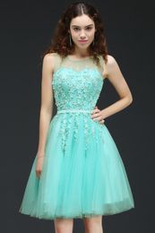 New Hot Mint Green Tulle Short Prom Homecoming Dresses Sheer Jewel Neck A Line Knee Length Cocktail Dresses With Lace-up Back HY207