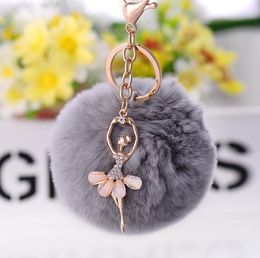 Cute Rabbit Fur Key Chain Ballerina Girl Fur Pom Pom Keychain Chaveiro Car Key Ring Crystal Keyring Bag Keys Accessories Gift SN1890