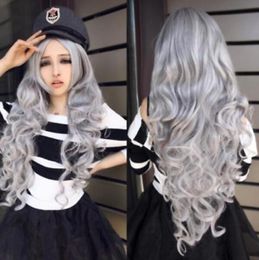 Fashion Women Stone Grey Long Curly Wavy Hair Full Cosplay Lolita Party Wig