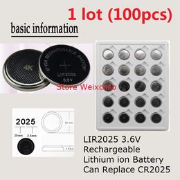 button cell 2025 UK - 100pcs 1 lot LIR2025 3.6V Lithium li ion rechargeable button cell battery 2025 3.6 Volt li-ion coin batteries CR2025 Free Shipping