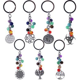 Fashion Energy Gemstone Beaded Owl Tree of Life Pendant Yoga Gemstone Keychain Jewelry Best Friend Gift 7Chakras Key Ring