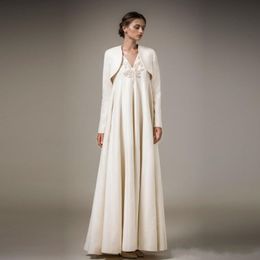 qatar 2024 Empire V Neck Ashi Studio Evening Dresses With Long Sleeve Jacket Lace Applique Satin Ruffles Floor Length Formal Prom Dresses HH359