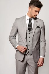 Customize Notch Lapel Two Buttons Silver Grey Wedding Groom Tuxedos Men Suits Wedding/Prom/Dinner Best Man Blazer(Jacket+Tie+Vest+Pants) 61