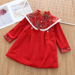 Children Clothing Kids Girls Cheongsam Chinese Style Long Sleeve 2019 New Year Flower Embroidery Dress Thick Winter Girls Warm Clothes 2-7Y