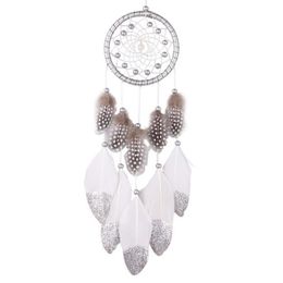 Handmade Silver Bead Dream Catcher Wind Chimes Indian Style Feather Pendant Dreamcatcher Creative Car Hanging Decoration GA456