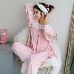 New Winter 2PCS Sleepwear Ladies Flannel Pyjamas Pijama Set Lace Trim Long Sleeve Shirt+Pants Sleep Suit Sweet Home Clothes