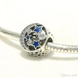 Factory wholesale Blue Enamel Moon and stars Charms 925 Sterling Silver European Beads Fit Pandora Charms Snake Chain Bracelet Jewellery DIY