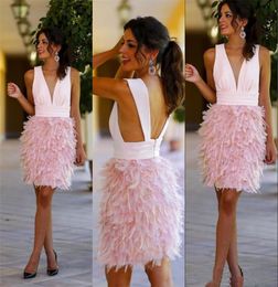 Cute Deep V Neck Pink Cocktail Dresses 2019 Short Feather Prom Dresses Open Back Semi Formal Gowns Graduation Dress South Africa USA