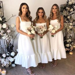 Fashion White Maid Of Honour Gowns Sexy Square Straps Sleeveless Ankle Length Bridesmaid Dress Elegant A-Line Satin Prom Dress Party Gowns