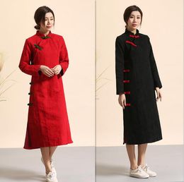 East Asian Retro style Chinese oriental Linen dresses modified cheongsam modern qipao dress female long cotton qipao dress