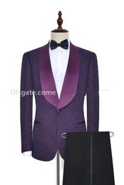 Custom Made Purple Paisley Groom Tuxedos One Button Side Vent Men Party Groomsmen Suits Mens Business Suits (jacket+Pants+Tie+girdle) NO;24