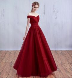 Cheap Off Shoulder Red Tulle Evening Dresses Backless Party Gowns Sweep Train Pleated Plus Size Corset Formal Prom Dresses HY135