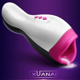 Male masturbator Intelligent Heating Realistic Oral Masturbation Cup 12 Speeds Vibrating Pocket Pussy Sex Toys for Men Y18100903