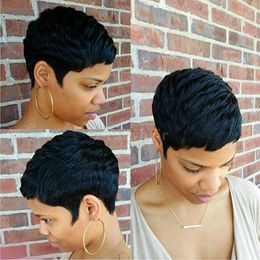 Natural Black Layered Pixie Cut Short Wig With Bangs Tapered Style 100% Brazilian Human Hair Black 180% Density Glueless Machine Made With Razor Comb