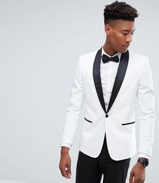 Cheap White One Button Mens Suits Slim Fit Groomsmen Wedding Tuxedos For Men Blazers Shawl Lapel Prom Suit (Jacket+Pants+Bow Tie)