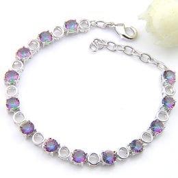 Luckyshine Round Rainbow Mystic Topaz Gems Bracelets Silver For Women's Colourful Zircon hollow out Wedding Party Link Bracelets Jewellery