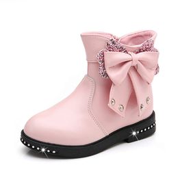 Stivali da ragazza Autunno Stivali di gomma in pelle PU Moda Punta tonda Zip Papillon Scarpe da principessa Bambini Stivali invernali di gomma per bambini Scarpe per ragazza