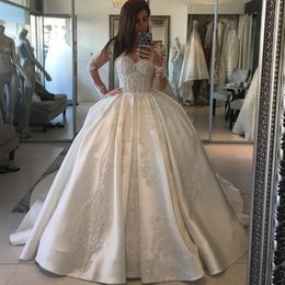 Sexy Bodice Ball Gown Wedding Dresses V-Neck Long Sleeves Beads Lace Appliques Bridal Dress Glamorous Dubai Satin Sweep Train Wedding Gowns